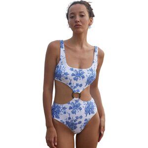 ✨Women Blue O-Ring Cut Out One-Piece Swimsuit Sexy Floral U Neck Bathing Suit